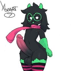 1boy 1femboy big_dick big_penis black_body black_fur deltarune femboy furry glasses goat male_only ralsei ralsei_(deltarune) ralsei_with_black_fur smug standing stockings stockings_only tagme xbeart