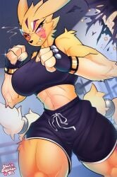 1girls anthro bandai_namco big_breasts biped blue_eyes boxers_(clothing) boxing boxing_gloves bra breasts clothing digi_(yourdigimongirl) digimon digimon_(species) digital_media_(artwork) english_text eyewear fangs female female_anthro female_only fur furry glasses gym handwear hi_res muscular muscular_female punching_bag round_glasses solo sport sports_bra taomon text underwear url yellow_body yellow_fur yourdigimongirl