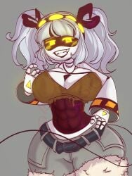 abs big_breasts blush dailenariek female_only grey_background grey_hair hand_on_hip j_(murder_drones) murder_drones pants sharp_teeth smiling_at_viewer yellow_eyes