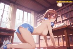 1girl ai_generated all_fours ass bare_legs blue_eyes blue_shorts blush book bookshelf breasts brown_hair ceiling_light chair closed_mouth curtains day dolphin_shorts from_side go-toubun_no_hanayome hair_between_eyes hanging_breasts headphones headphones_around_neck indoors lamp large_breasts legs library long_hair looking_at_viewer looking_to_the_side miku_nakano nakano_miku nipples nivora open_book sandals short_shorts shorts smile solo sunlight table thighs topless window