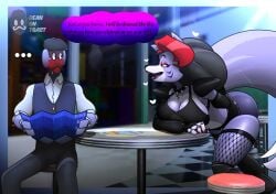 2026 2d 2d_(artwork) 2d_artwork animatronic animatronic_female animatronic_male anthro anthro_female artist_logo artist_name b.o.t beanontoast big_breasts dialogue female five_nights_at_freddy's five_nights_at_freddy's:_security_breach furry furry_female grey_fur grey_hair male male_robot moustache original_character red_hair red_lipstick robot robot_girl robot_joints roxanne_wolf roxanne_wolf_(fnaf) straight suit thick_thighs