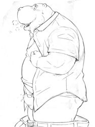 2014 anthro ass belly belt black_and_white blush breath bulge clothing cum_stain drooling erection erection_under_clothes half-closed_eyes hippopotamus magma00_(artist) male mammal masturbation monochrome nipple_pinch overweight pants pants_down saliva shirt simple_background sketch solo standing sweat sweatdrop teeth thick_eyebrows undershirt white_background