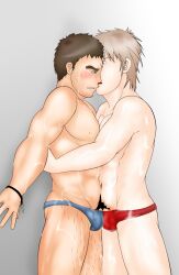 2009 2boys blue_speedo blush brown_eyes brown_hair bulge_frottage frottage gay kou_(pixiv955000) light_skin male male_only original pale_skin pubic_hair red_speedo speedo transparent_background white_hair yaoi