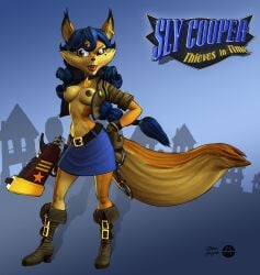 ai_edit ai_generated belt blue_hair brown_boots carmelita_fox dark_nipples female female_only fox fox_tail furry furry_female handcuffs jacket_open medium_breasts mole_under_eye nipples official_style skirt sly_cooper_(series) solo sony_interactive_entertainment title weapon