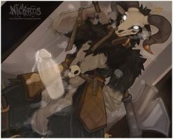 absurd_res anthro axe balls battle_axe big_balls big_penis black_body black_fur bodily_fluids bone curved_horn demon erection fur genital_fluids genitals hi_res holding_axe holding_object horn humanoid_genitalia humanoid_penis male nick7005 penis precum skull skull_head skulldog_(species) solo sweat sweaty_balls sweaty_genitalia translucent translucent_penis white_eyes
