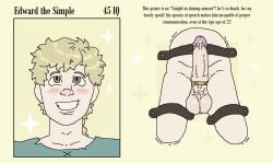 apraxia balls big_balls big_dick_small_brain big_penis blonde_hair braid braided_hair cock cock_ring dick digital_drawing_(artwork) digital_media_(artwork) dumb edward_the_simple english english_commentary english_text erection focus_on_penis free_use gold_(metal) green_eyes happy hard_cock hard_on hazel_eyes headshot_portrait idiot innocent innocent_expression innocent_smile intellectual_disability iq_score juxtaposition learning_disability leather light_hair looking_at_viewer male_focus mental_disability mentally_deficient moron mr_shrink original original_character painful_erection pale_hair penis prince rat_tail rat_tail_(hairstyle) restrained restrained_legs restrained_to_wall royal royalty shiny_hair smiling straps stupid stupid_looking too_dumb_to_live trapped trapped_in_wall unable_to_consent unable_to_escape unable_to_resist unable_to_speak verbal_apraxia wall