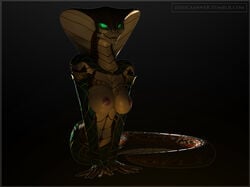 3d anthro breasts claws clothed clothing cobra corset elbow_gloves female fingerless_gloves gloves glowing glowing_eyes green_eyes half-dressed jessica_anner jewelry mask naga red_scales reptile scales scalie sha'an silk smile snake solo topless yellow_scales