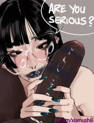 1boy 1girls 2026 after_fellatio after_oral alternate_version_available artist_name big_penis black_eyes black_hair black_lipstick blue_nails blunt_bangs bodily_fluids cock_ring dark-skinned_male dark_skin duo english_text erection female foreskin front_view genitals glasses hair head_against_thigh hi_res holding_penis huge_cock human human_only interracial large_penis light-skinned_female light_skin lip_piercing lipstick lipstick_mark lipstick_on_penis long_fingernails long_hair looking_at_partner makeup male male/female mascara nail_polish naked nose_piercing nose_ring nude nude_female nude_male original original_character partial_male partially_retracted_foreskin penis penis_against_face penis_awe penis_grab piercing pubic_hair runny_makeup saliva saliva_bubble septum_piercing simple_background smeared_lipstick smeared_makeup speech_bubble straight surprised talking_to_partner text two-handed_handjob uncircumcised unseen_male_face very_dark_skin xiamushi_(artist)