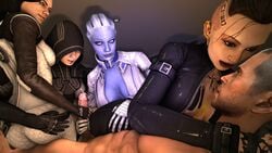 1boy 3d 4girls asari ass clothed_female commander_shepard cum ginkasu group harem jack_(mass_effect) kasumi_goto liara_t'soni mass_effect miranda_lawson multiple_girls teamwork