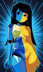 1girls ai_generated black_eyes black_hair black_pupils blue_body breasts ena ena_(series) female_only nude peruvian_female polygonal pussy smile solo split_color split_color_body standing yellow_body