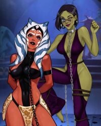 ahsoka_tano barriss_offee blue_eyes chain_leash chained cleavage dancer dancer_outfit facial_markings female female_only femsub fishnets greeata_jendowanian green_skin harem harem_girl harem_outfit jabba's_palace jedi kneeling large_breasts loincloth looking_at_viewer max_rebo minko mirialan olena_minko oola_(cosplay) orange_skin rodian slave slave_ahsoka slave_collar slave_girl slave_outfit star_wars submissive_female sy_snootles togruta wink