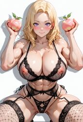 abs ai_generated alternate_muscle_size biceps black_bra black_panties black_thighhighs blonde_hair blush bra breasts cleavage closed_mouth collarbone female female_only fishnet_thighhighs fishnets food fruit garter_belt holding holding_food holding_fruit huge_breasts lace-trimmed_legwear lace-trimmed_panties lace_trim large_breasts lingerie looking_at_viewer medium_hair muscular muscular_female navel nipples obliques panties parted_hair peach purple_eyes shadow side-tie_panties simple_background smile solo squatting thick_thighs thighhighs thighs underwear underwear_only veins veiny_arms veiny_breasts white_background