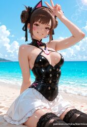 ai_generated alternate_hairstyle animal_ears arm_behind_back arm_up bangs bare_arms bare_shoulders beach black_ribbon black_thighhighs blue_sky blush bow breasts breasts_apart brown_eyes brown_hair cat_ears cloud corset d.va day detached_collar double_bun earrings facial_mark fake_animal_ears female female_only grin hair_bun hair_ribbon hairband heart_earrings jewelry kermixx lens_flare leotard looking_at_viewer medium_breasts ocean outdoors overwatch ribbon sand see-through shiny shiny_clothes shiny_skin short_hair sidelocks sitting skirt sky smile solo sun thighhighs torn_clothes torn_thighhighs v water web_address wet wet_clothes whisker_markings white_skirt