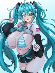 1girls :d absurdres adapted_costume aqua_eyes aqua_hair aqua_nails aqua_necktie bbambi bikini blush boots breasts cameltoe covered_erect_nipples curvy detached_sleeves female female_focus female_only gradient_background hatsune_miku hatsune_miku_(vocaloid6) highres huge_breasts long_hair looking_at_viewer matching_hair/eyes microskirt nail_polish navel necktie number_tattoo open_mouth shrug_(clothing) sidelocks simple_background skirt smile solo striped_bikini striped_clothes swimsuit tattoo teeth thick_thighs thigh_boots thighs tongue twintails upper_teeth_only very_long_hair vocaloid vocaloid_6