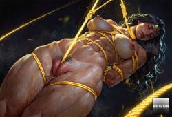 1girls abs ai_generated arms_behind_back bdsm black_hair bondage bound breasts circlet closed_eyes crotch_rope dc dc_comics female_pubic_hair large_breasts lips long_hair muscular muscular_female navel nipples nude philon pubic_hair pussy pussy_juice restrained rope shibari solo stable_diffusion sweat thick_thighs thighs tiara wonder_woman