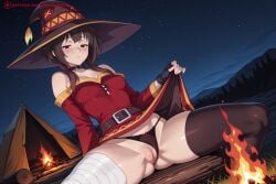 ai_generated bandaged_leg bandages bangs bare_shoulders belt black_gloves black_hair black_legwear black_panties blush breasts brown_hair cameltoe choker dress female female_only fingerless_gloves fire gloves half-closed_eyes hat hi_res high_quality high_resolution kiraamane kono_subarashii_sekai_ni_shukufuku_wo! lifted_by_self looking_at_viewer megumin night night_sky outdoors panties patreon patreon_logo patreon_username red_dress red_eyes seductive sexy short_hair single_thighhigh sitting sky small_breasts solo spread_legs star_(sky) starry_sky thighhighs uncensored underwear watermark web_address witch_hat