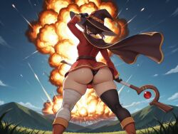 1girls ai_generated ankle_boots ass asymmetrical_legwear bandaged_leg belt big_ass black_gloves black_panties black_thighhighs breasts brown_footwear brown_hair cape explosion explosion_background female female_only fingerless_gloves floating_cape from_behind from_below hand_on_hat hills holding_staff konosuba legs_apart light-skinned_female long_sleeves megumin outdoors puttees short_dress short_hair small_breasts solo tagme thick_thighs upskirt wide_hips witch_hat