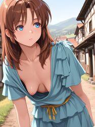 ai_generated blue_eyes brown_hair downblouse dress female lilia_(ys) puffy_nipples saggy_breasts saitama214221 short_hair small_breasts solo ys