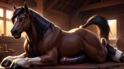 1boy ai_generated anthro balls bottomless brown_body cum cum_on_lower_body cum_on_penis cum_on_self ejaculation equine equine_humanoid equine_penis erect_penis erection holding_penis hoodie horse horse_penis horsecock horseman huge_cock male male_only muscular_male penis smile solo solo_focus solo_male stable_diffusion tagme topwear veiny_penis