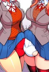 2futas ai_generated balls big_balls big_penis bulge bulge_through_clothing bulges_touching doki_doki_literature_club erection erection_under_clothes erection_under_skirt futa_only futanari head_out_of_frame huge_balls huge_cock monika_(doki_doki_literature_club) penis sayori_(doki_doki_literature_club) throbbing_bulge unseen_futa_face