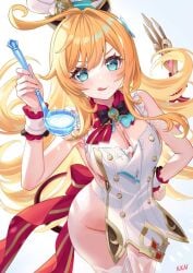 blonde_hair blue_eyes escoffier_(genshin_impact) genshin_impact half half-dressed kitchen_outfit liquid sexy_pose