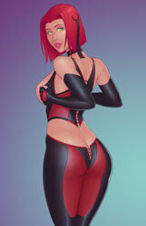 1girls ass bloodrayne breasts bustier butt_crack choker corset elbow_gloves female female_only fingerless_gloves gloves green_eyes hair_ornament hair_ribbon jodsy looking_at_viewer looking_back nipples open_clothes rayne red_hair ribbon short_hair sideboob skin_tight solo standing vampire