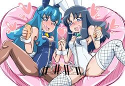 2girls blush censored clothing erection erika_kurumi futanari hand_holding happinesscharge_precure! heartcatch_precure! intersex multiple_girls penis pillow precure pretty_cure shichuu_katsu shirayuki_hime small_breasts stockings