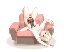 android armchair blonde_hair borisx chair choker damaged dress_shirt expressionless female highres looking_at_viewer mechabare naked_shirt open_clothes open_shirt original parts_exposed red_eyes ribs shirt short_hair small_breasts solo string thighhighs upside-down