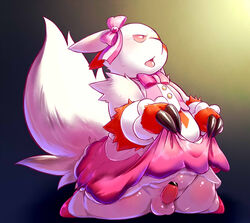 balls bow censored chiro_(artist) chubby claws clothed clothing crossdressing fur girly high_heels kneeling male nintendo open_mouth pokémon_(species) pokemon pokemon_(species) red_eyes ribbons skirt skirt_lift solo sweat tongue tongue_out video_games zangoose