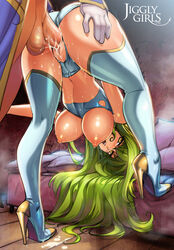 1boy 1girls ass ass_grab balls belly bent_over breasts c.c. code_geass cum female green_hair high_heels large_breasts long_hair male navel nipples open_mouth penis pussy reiq sex shoes testicles thigh_boots torn_clothes vaginal_penetration yellow_eyes