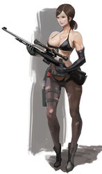 1girls bikini boots brown_hair cleavage female female_only gloves metal_gear metal_gear_solid metal_gear_solid_v mikazuki_shigure pantyhose ponytail quiet_(metal_gear) sniper_rifle solo standing tied_hair underboob weapon