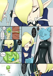 anthro ass bodysuit clothing comic cum cum_inside dialogue end_page english_text feline fellatio goo interspecies kitty_gel magic mammal midori_gel nana_gel open_mouth oral penis piercing pussy rape_face rubber sex shiny simple_background slime text