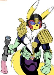 2015 animal_genitalia anthro breasts canine cleavage clothed clothing crossover digimon dildo dildo_gun equine_dildo female fox fur furry furry_only gun judge_dredd judge_dredd_(franchise) mammal ranged_weapon renamon sex_toy solo unzipped weapon yawg