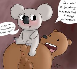 2015 2boys anthro ass bear blush english_text fur furry gay grizzly_(character) grizzly_bear interspecies koala male male_only mammal nude penis smile testicles text we_bare_bears yaoi zekromlover