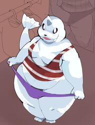 1boy anthro anthrofied brown_eyes bulge chubby closet clothed clothing dewgong dressing_room inside male male_only mirror nintendo overweight penis pokemon shamelesss solo thong tongue tongue_out video_games wide_hips