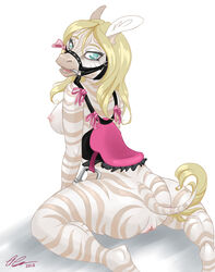 2013 albino anthro blackdahlia blonde_hair bow breasts bridle equine eyelashes female hair kneeling looking_at_viewer mammal open_mouth pussy ribbons saddle simple_background solo teal_eyes white_background zebra