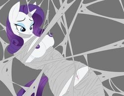 2015 absurd_res anthro anthrofied blue_eyes bondage bound breasts clitoris equine eyeshadow female friendship_is_magic gag gagged grey_background hair half-closed_eyes hi_res horn makeup mammal my_little_pony nipples purple_hair pussy rarity_(mlp) restrained simple_background solo spider_web spiderweber straight_hair unicorn web_bondage web_gag