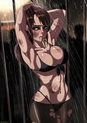 1girls armpits arms_up bikini bite_marks breast_bite_mark breasts brown_hair bruises caged cleavage female in_container large_breasts mascara metal_gear metal_gear_solid metal_gear_solid_v navel pantyhose ponytail public quiet_(metal_gear) rain shadman solo_focus standing tied_hair wet