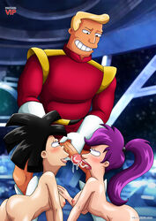 1boy 2girls amy_wong bbmbbf breasts collaborative_fellatio cum cum_in_mouth double_fellatio fellatio female ffm_threesome futurama male multiple_fellatio multiple_girls nipples oral palcomixvip.com teamwork threesome turanga_leela uniform zapp_brannigan