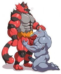 2boys abs anthro balls cum cum_in_mouth cum_inside erection fellatio gay incineroar kneeling machoke maldu male male_only muscular muscular_male nintendo nude oral pecs penis pokémon_(species) pokemon pokemon_(species) pokemon_sm retracted_foreskin sex uncut video_games