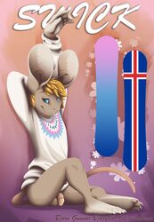 advertisement balls blonde_hair blue_eyes bottomless brown_fur buckteeth clothed clothing flaccid fur hair half-dressed hi_res male male_only mammal mouse penis pinup pose rodent shiuk snowboard solo sweater teeth