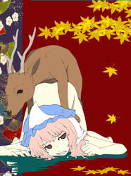 0_0 all_fours ass brown_eyes clenched_teeth deer doggy_style empty_eyes female flat_gaze from_behind hat kirinourion lavender_hair leaf maple_leaf nude pale_skin sex top-down_bottom-up touhou yuyuko_saigyouji zoophilia