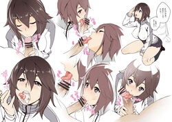 blue_eyes breasts brown_hair censored closed_eyes cum cum_in_mouth fellatio female hayasui_(kantai_collection) highres kantai_collection large_breasts oral penis short_hair simple_background solo_focus text tomoyuki_kotani tongue tongue_out track_jacket translation_request white_background