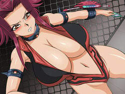 1girls akiza_izinski angry belly blush bodysuit breasts brown_eyes card cleavage clenched_teeth clitoris clothing duel_disk elbow_gloves female female_only fingerless_gloves glamour_works gloves hips huge_breasts human izayoi_aki large_breasts leotard long_hair navel pale_skin red_hair shiny shiny_skin short_hair skimpy skin_tight solo solo_female standing testicles thighs turtleneck yu-gi-oh! yu-gi-oh!_5d's zipper