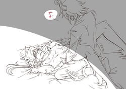 2boys absurdres bed_sheet cum demon_horns first_porn_of_franchise funamusea gay highres horns ivlis monochrome multiple_boys open_clothes penis rape satanick short_hair tears the_gray_garden yaoi