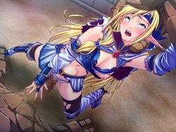 blonde_hair blue_eyes breasts bubuzuke censored clothed_sex clothing crying defeated drooling female ferrill game_cg headband hekigan_no_soukishi_ferrill_to_ririka long_hair midriff navel nipples open_mouth panties pointy_ears saliva skirt solo sweat tears torn_clothes torn_thighhighs