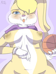 1girls ball basketball blonde_hair blush breasts bunny_girl censored female female_only fur furry gloves lola_bunny looney_tunes muttgirl nipples rabbit solo sport text warner_brothers watermark