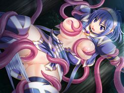 breast_grab breasts character_request clothing female game_cg hairband large_breasts lusterise nipples open_mouth panties ponytail purple_eyes purple_hair short_hair shugo_seijo_prism_saber solo sweat tentacle tied_hair torn_clothes white_panties