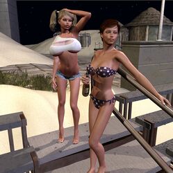 2girls 3d bare_shoulders barefoot beach big_breasts bikini bikini_bottom bikini_top blonde_hair bottle brown_hair busty cleavage_cutout cottonkidd curvy detailed_background eyelashes female female_only front_view gray_eyes holding_object hourglass_figure human long_hair maelie_braga midriff multiple_females multiple_girls night outdoor outside pose posing sand shadow shiny shiny_skin short short_hair short_shorts spread_legs spreading standing swimsuit tan tan_skin tanline tanlines tied_hair twintails underboob voluptuous wide_hips wilona_tucci yellow_hair