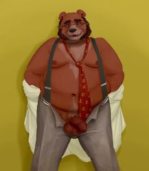 2015 anthro balls bear belly black_nose brown_fur brown_hair chest_tuft clothed clothing eyebrows eyewear facial_hair fur gator_(artist) glasses hair half-erect hi_res looking_at_viewer male male_only mammal moobs navel necktie nipples open_mouth overweight pants partially_clothed penis pubes shirt sideburns simple_background smile solo standing suspenders teeth thick_eyebrows tuft uncut unzipped vein veiny_penis yellow_background